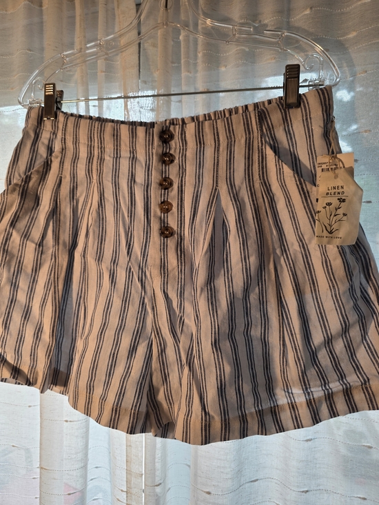 Indigo Rein Pants - Indigo Rein Linen-Blend Striped High-Waist Linen Shorts - Blue & Cream